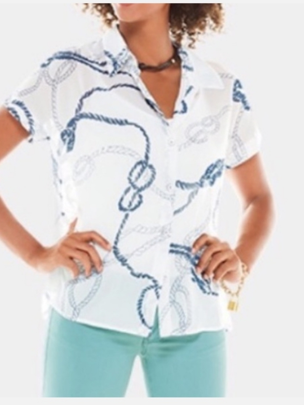 Cabi Boating Blouse Blue White Short Sleeve Sheer Top M
